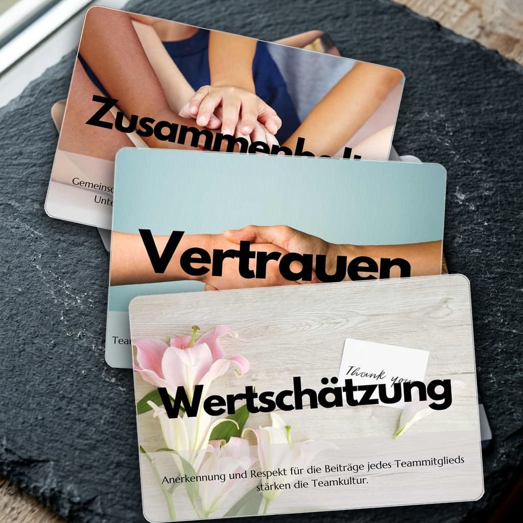 Detailansicht der 60 Wertekarten mit Definitionstext und Fotomotiv