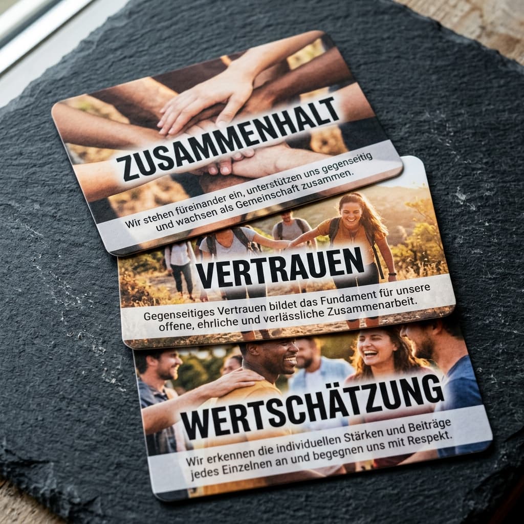 Detailansicht der 60 Wertekarten mit Definitionstext und Fotomotiv