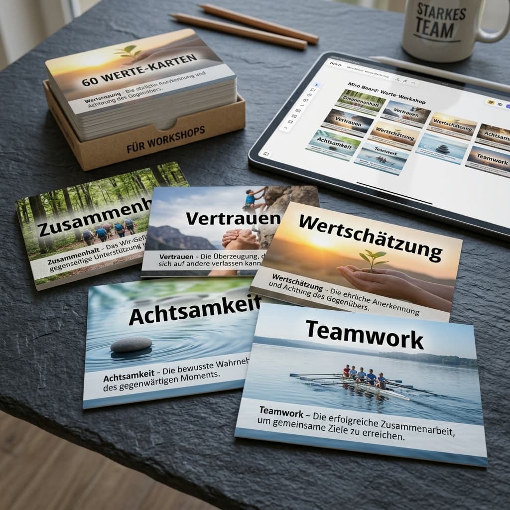 60 Werte-Karten Komplettset – 3D Mockup für Workshops und Online-Meetings