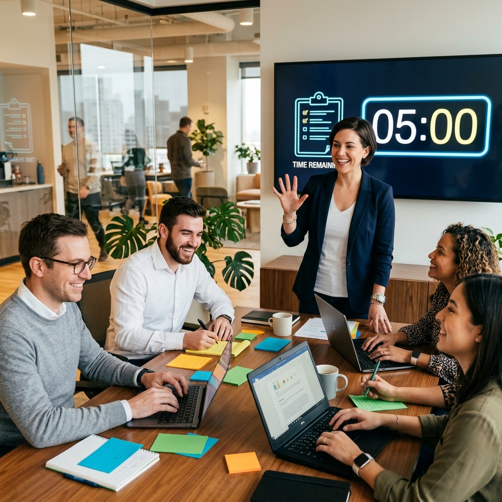 Ein Moderator leitet ein interaktives Team-Meeting mit einem digitalen Timer auf dem Bildschirm