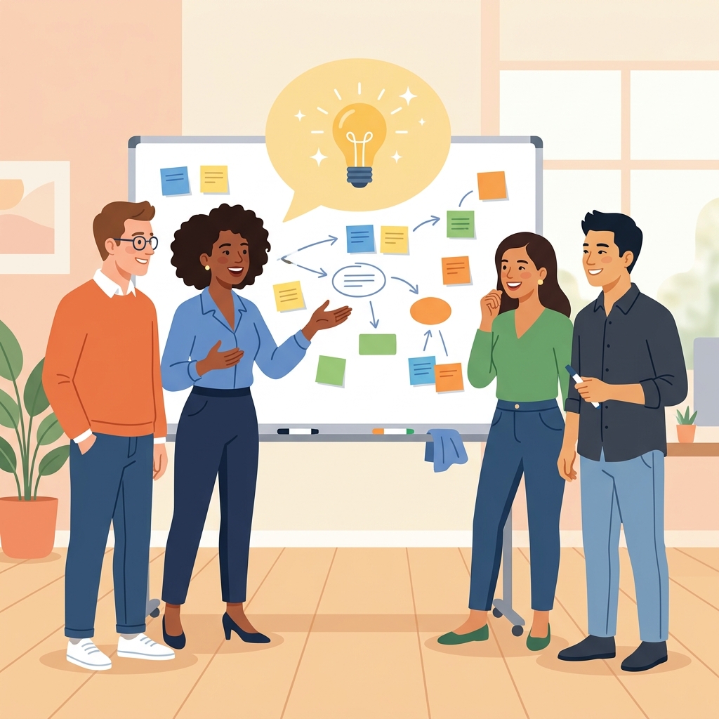 Etablierung psychologischer Sicherheit: Ein Team arbeitet kooperativ und lächelnd mit bunten Notizen an einem Whiteboard
