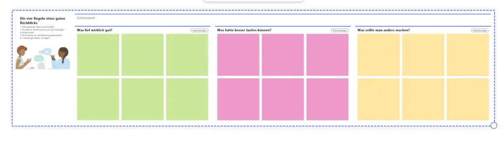 Vorlage einer Retrospektive in Microsoft Whiteboard